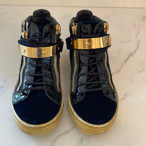 Giuseppe Zanotti Blue/Gold Velvet and Leather Coby High Top
